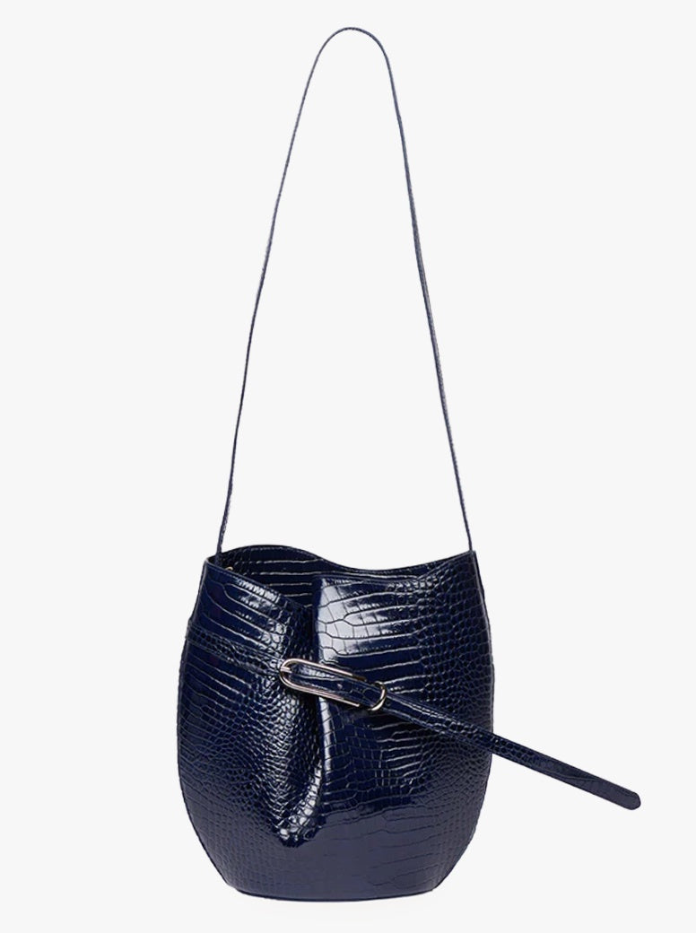 Belted Bucket Bag navy embossed croc