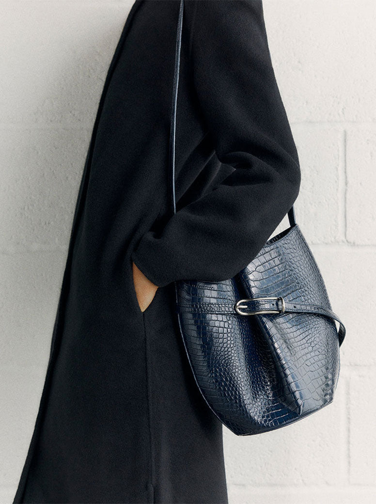 Belted Bucket Bag navy embossed croc
