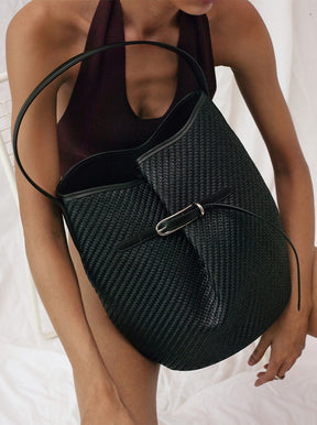 Belted Bucket Bag Large black raffia