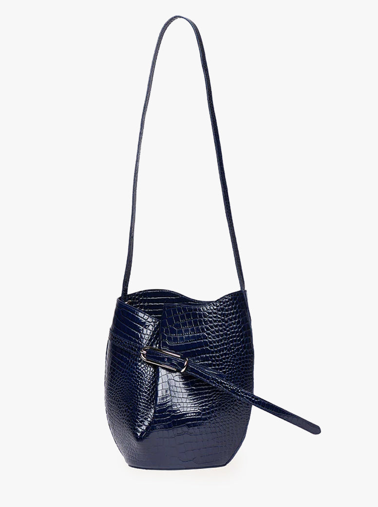 Belted Bucket Bag navy embossed croc