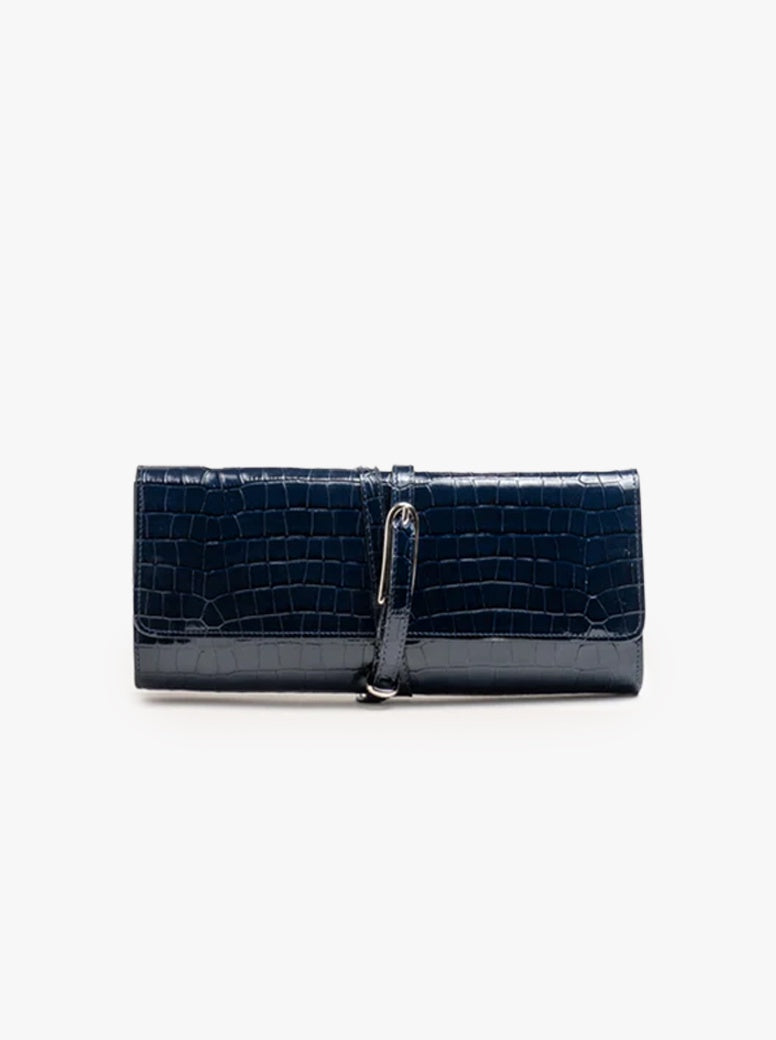 Belted Clutch navy embossed croc