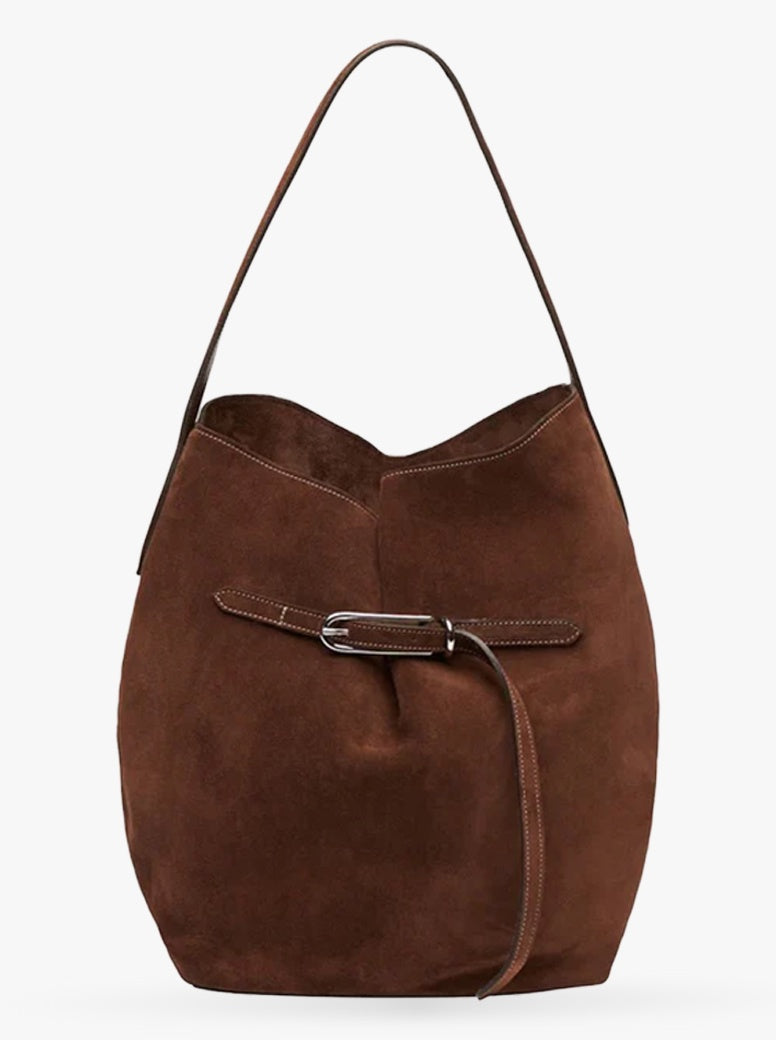 Belted Bucket Bag Large dark brown suede